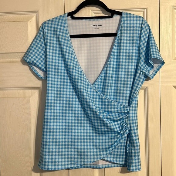 LANDS' END UPF 50 Blue White Checkered Wrap V-Neck Swim Cover-Up Rash Guard NWOT - Picture 2 of 7